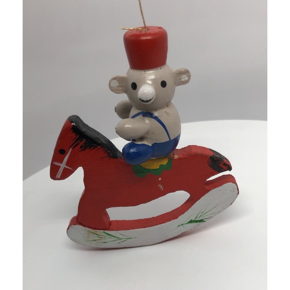 Vintage Wooden Christmas Ornament 4" Teddy Bear On Rocking Horse *broken‎ string